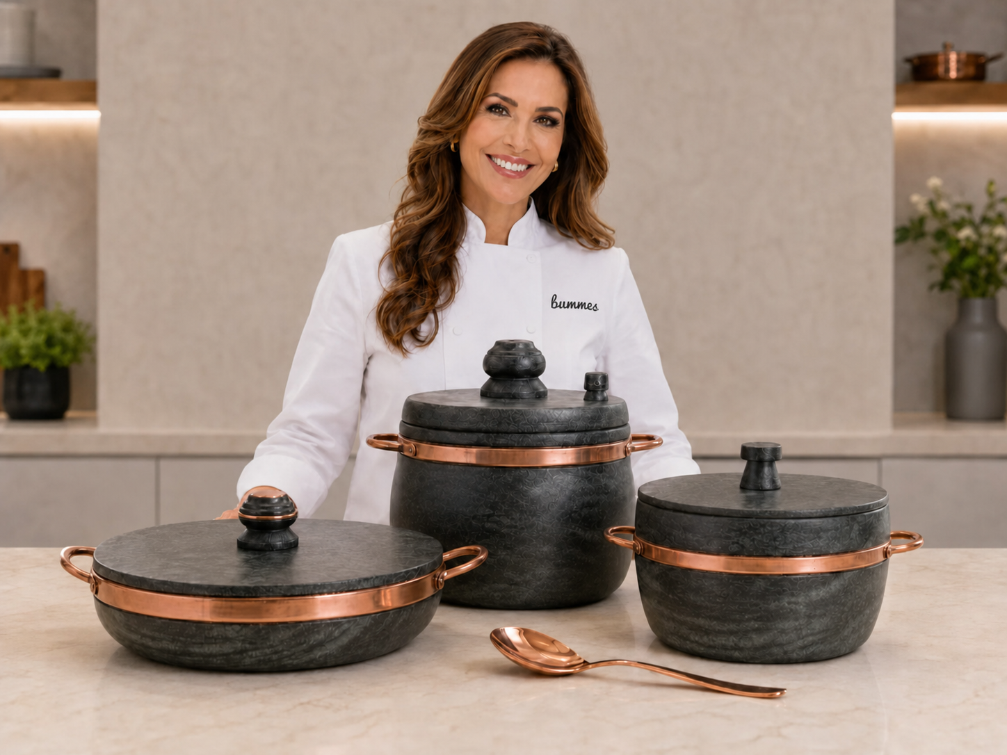 Chef ao lado das panelas de pedra sabão Bummys na bancada da cozinha